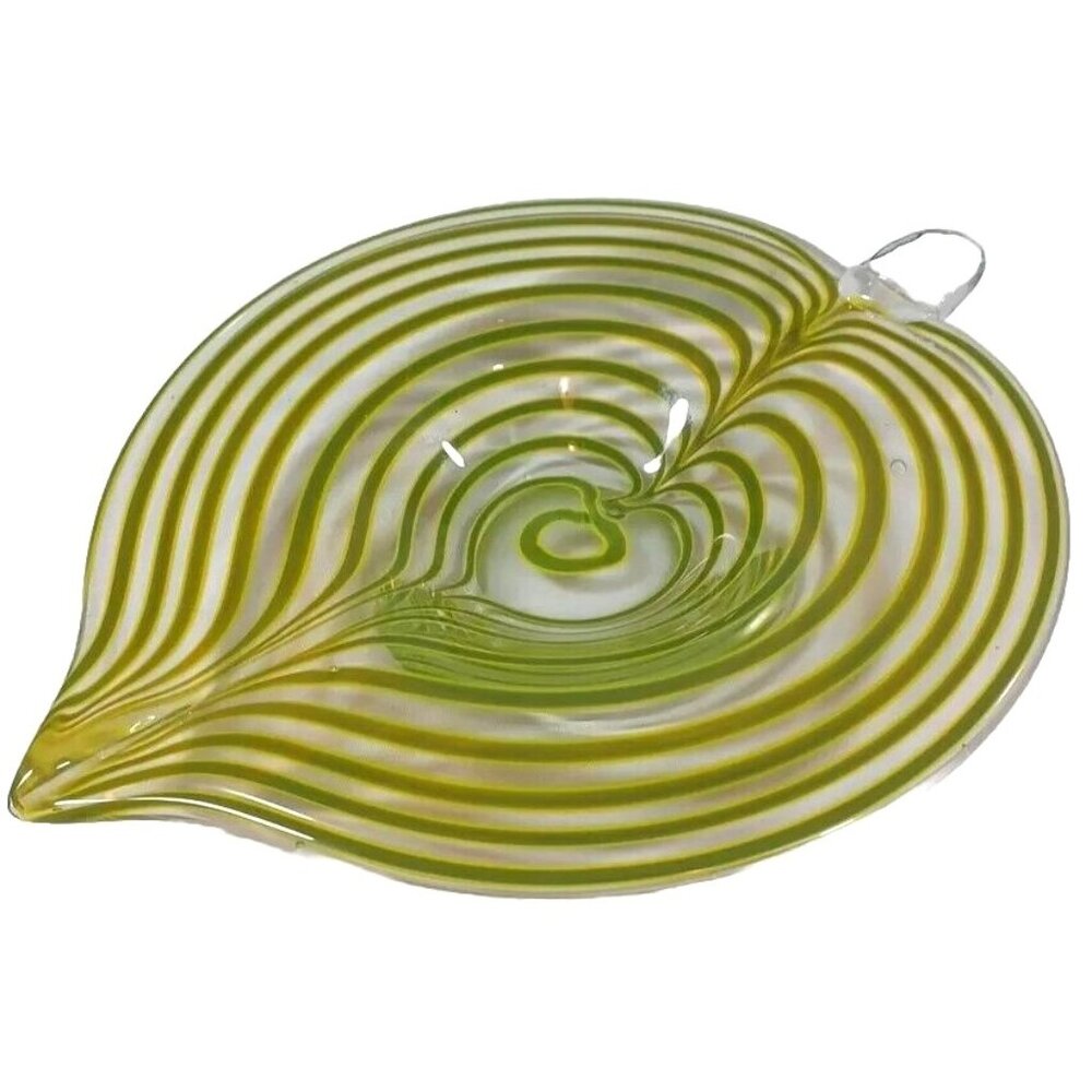 Mid Century Murano Centerpiece Bowl Tyra Lundgren Leaf Stripes Green Yellow - Picture 2 of 16